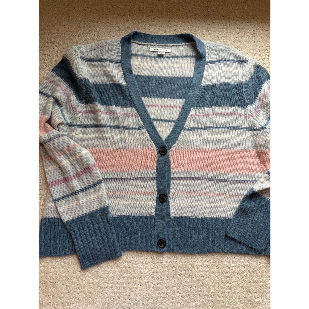 American Eagle Cardigan L Blue Striped V-Neck Knit Button Front Crop Cozy